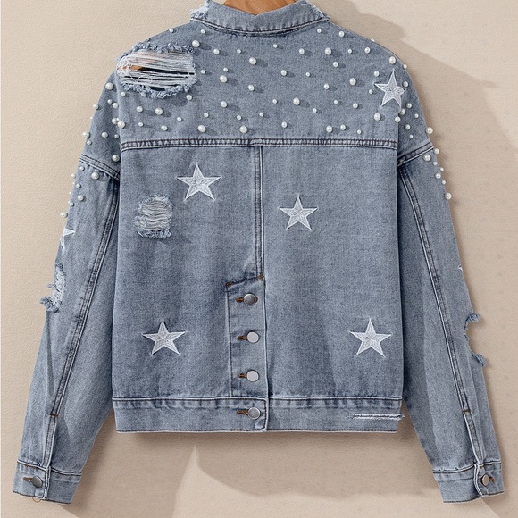 Sky Blue Distressed Pearls Star Cropped
Denim Jacket - Picture 7 of 15
